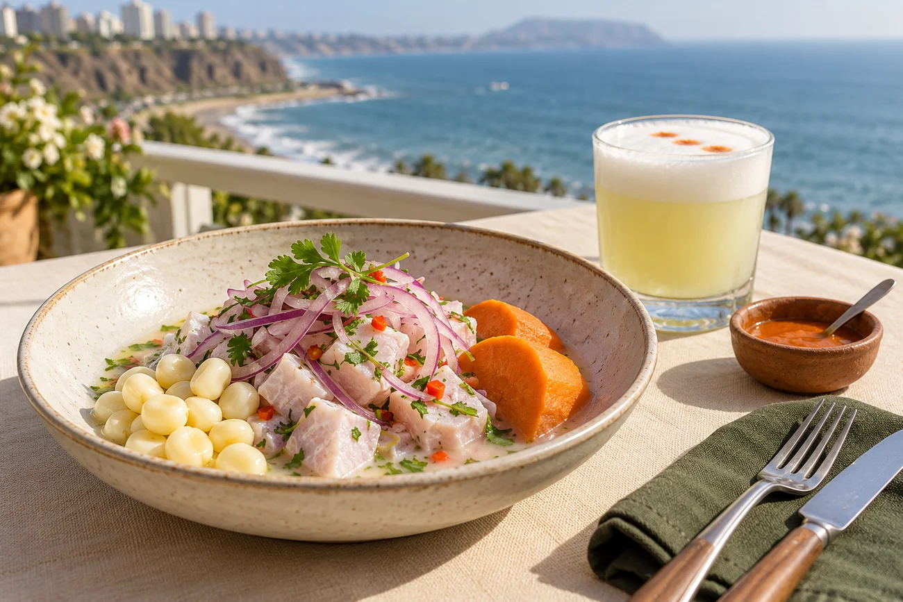Illustrative AI image of ceviche, ají on the side and a pisco sour by the coast
