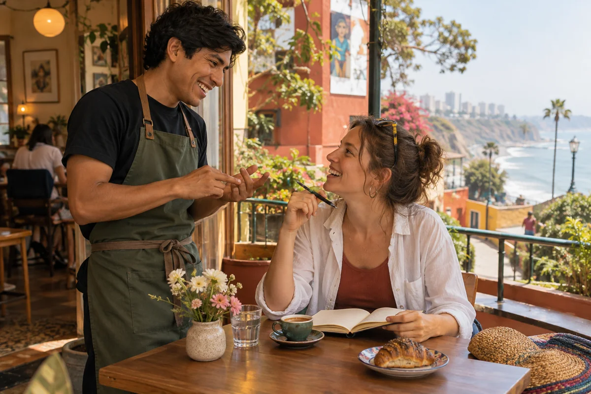 A traveler sharing a laugh while practicing Spanish in a cafe.