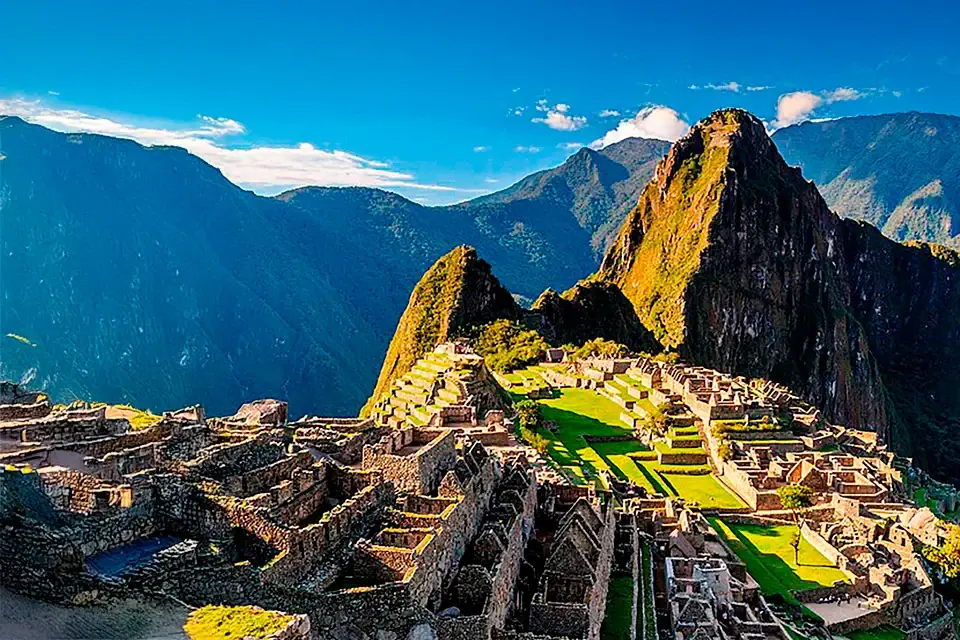 Machu Picchu’s terraces and Huayna Picchu in the Andean mountains