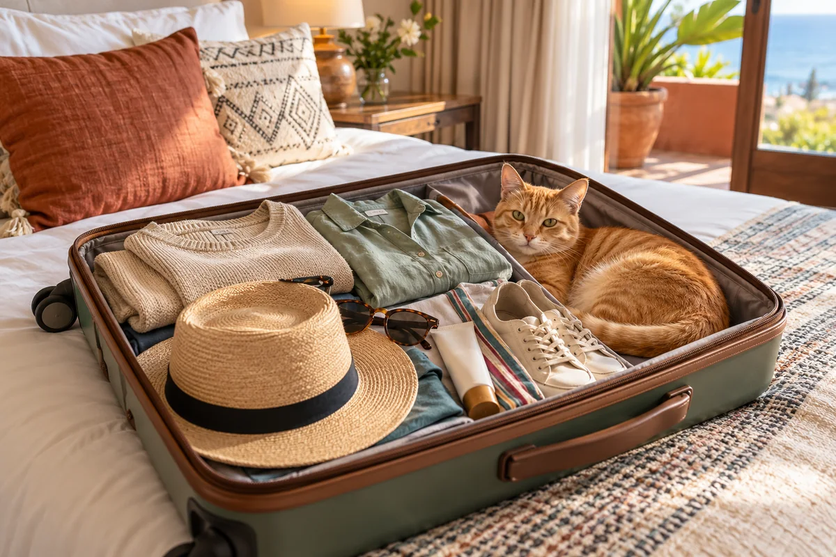 A ginger cat comfortably occupying the last free corner of a carefully packed suitcase.