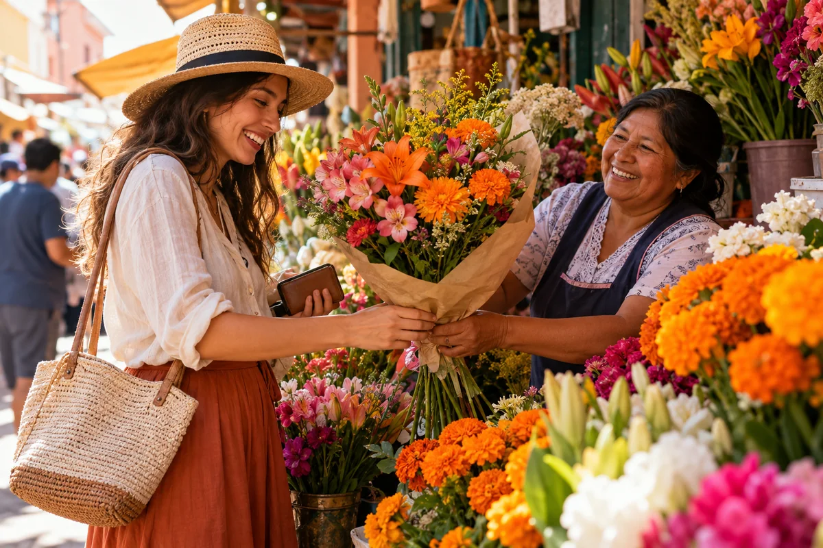 A traveler buying a joyful bouquet that is delightfully larger than her small day bag.