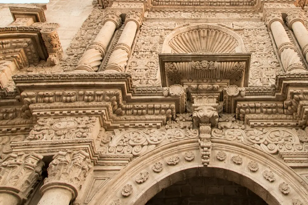 Carved stone detail of the façade of La Compañía de Jesús in Arequipa