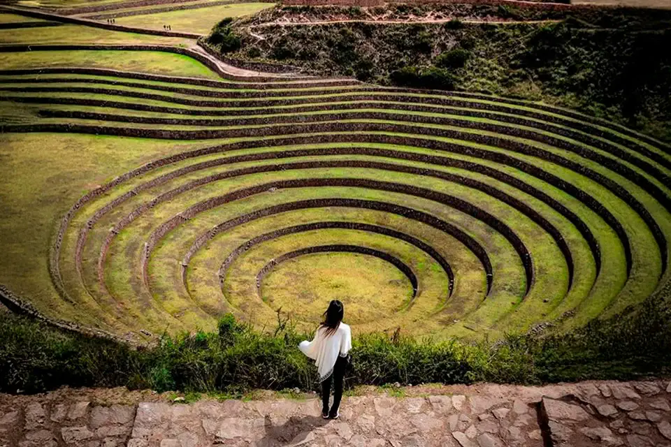 The concentric circular terraces of Moray, seen from above.