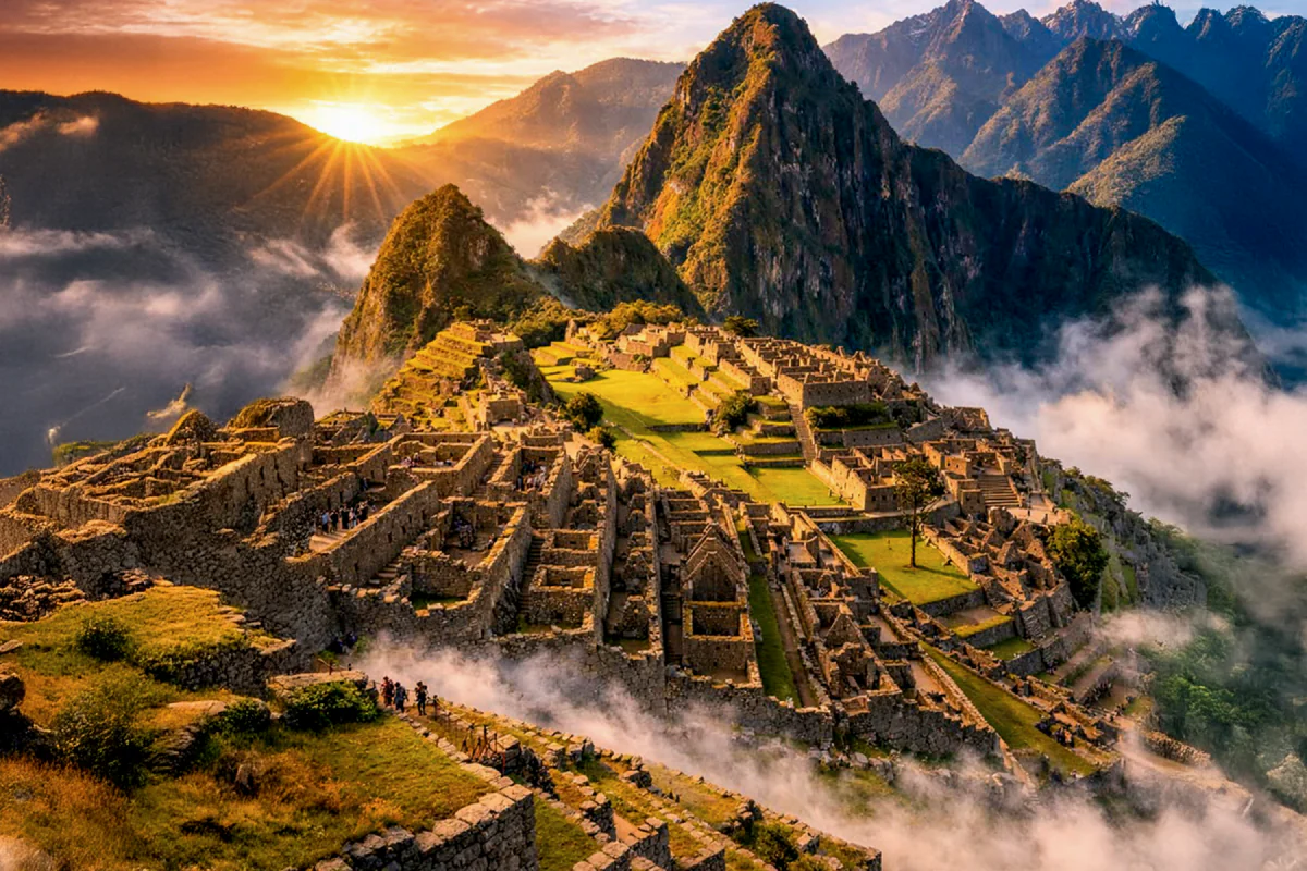 Machu Picchu terraces and Huayna Picchu under warm light