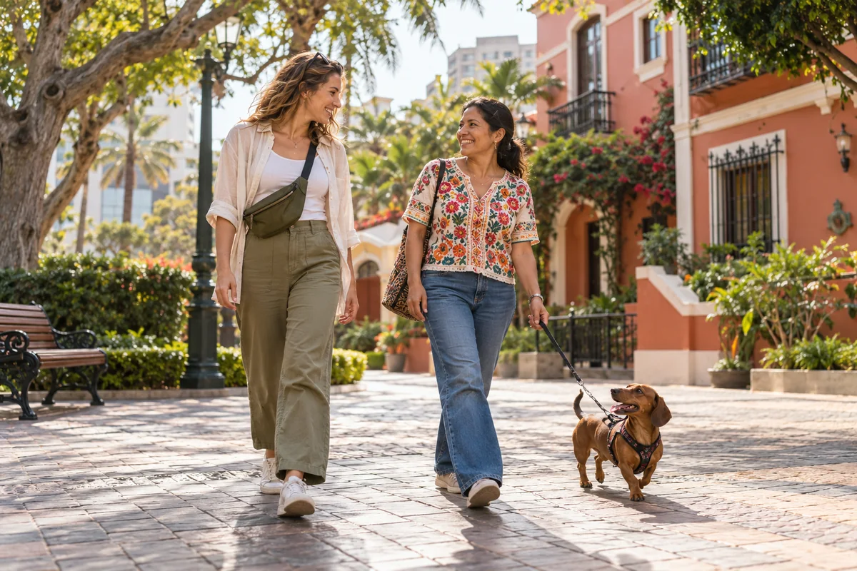 A relaxed traveler and a local woman sharing a smile as a dachshund trots through a leafy plaza.