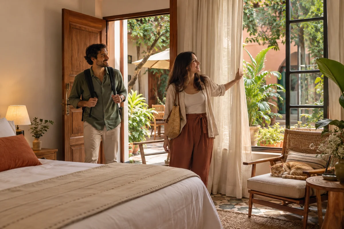 Travelers enjoying a quiet courtyard-facing guestroom.