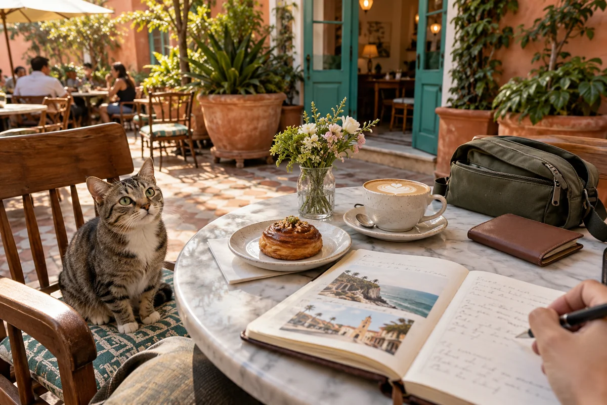 A cafe table prepared for a relaxed last morning.
