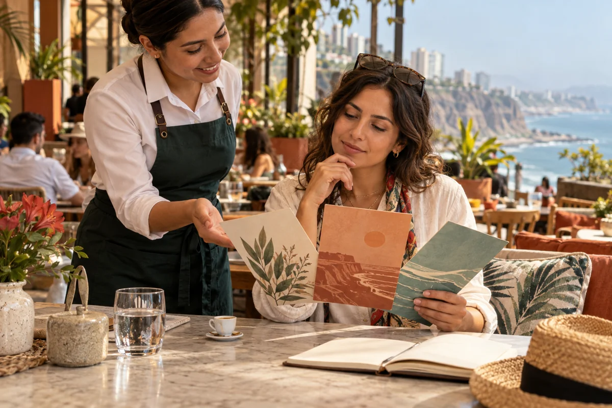 A traveler discussing three menu options with a helpful server.