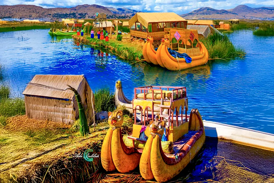 Floating reed islands and boats on Lake Titicaca