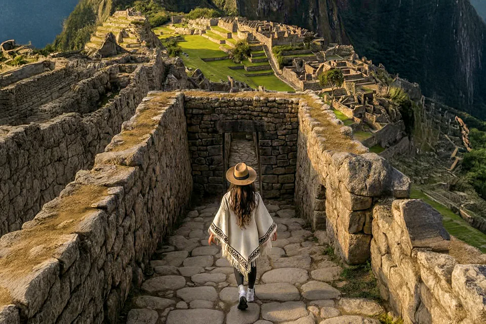 An adult traveller descending stone steps at Machu Picchu