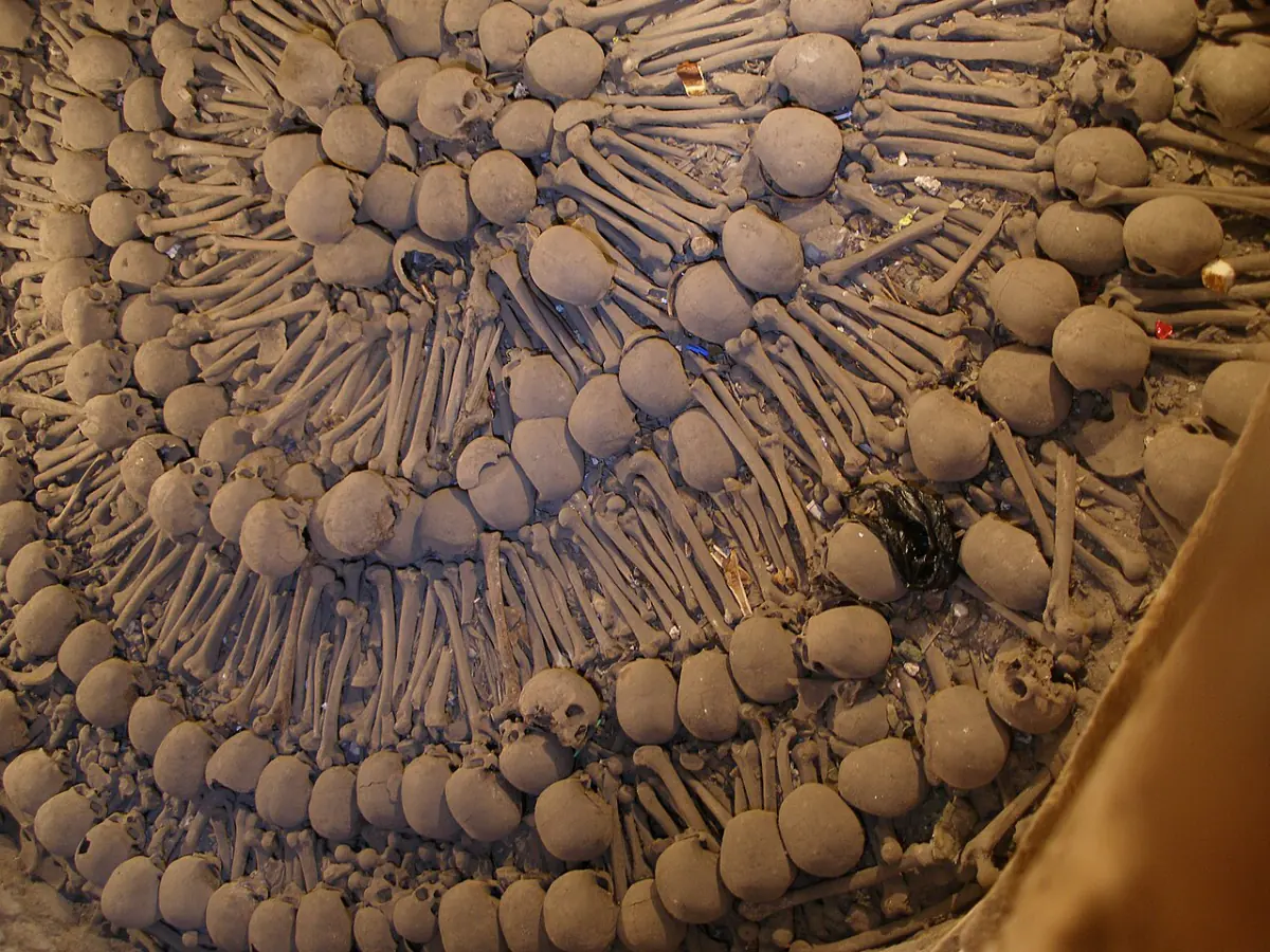 Archaeological human bones arranged in an underground burial chamber at San Francisco, Lima.