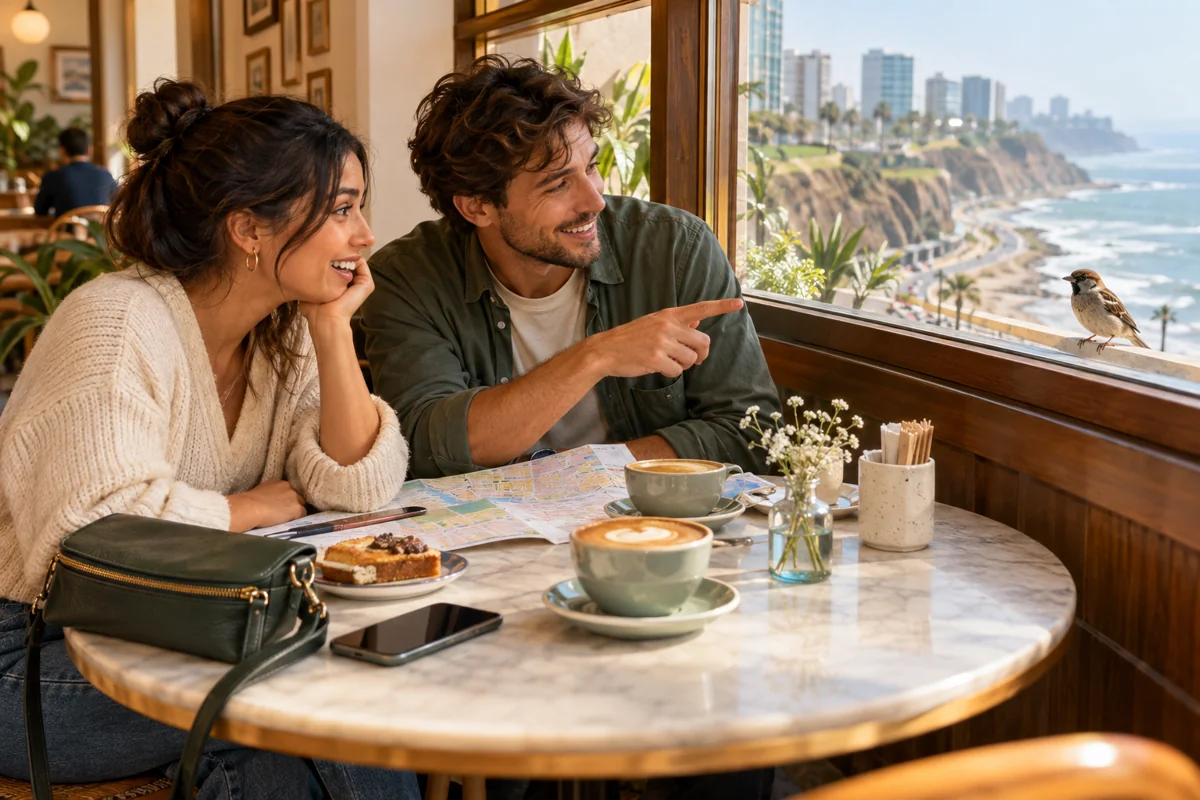 Friends planning a walk inside a cafe as a sparrow visits the window.