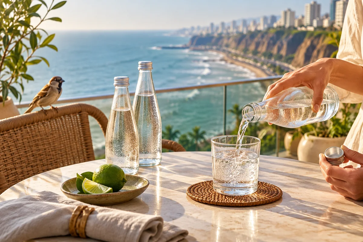 Water being poured on a beautiful coastal balcony while a curious sparrow watches from a distance.
