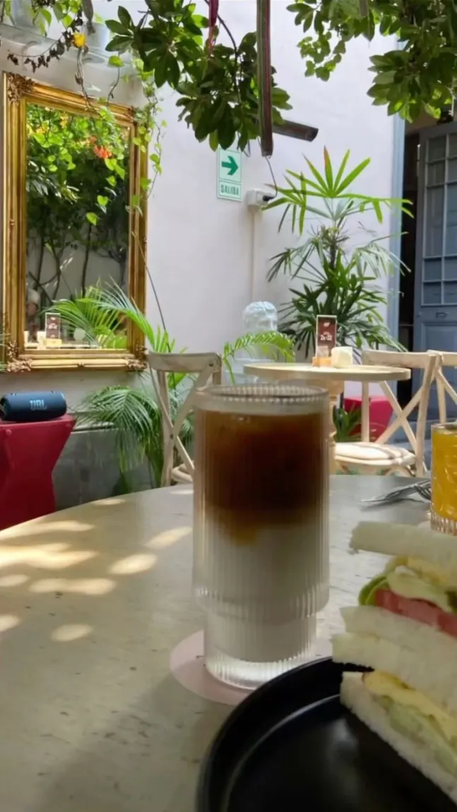 An iced coffee on a leafy cafe patio; an atmosphere photograph