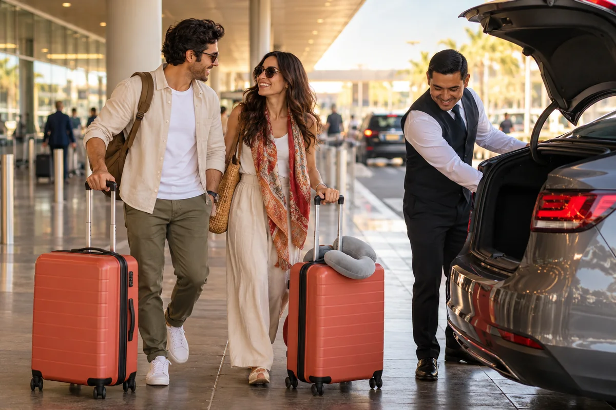 A welcoming driver helping travelers with coral suitcases, one with a travel pillow around its handle.