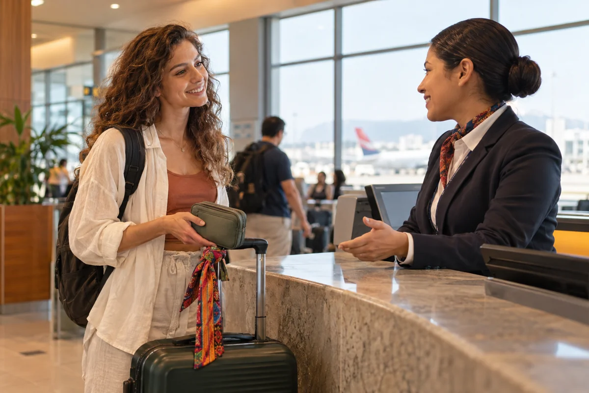 A traveler receiving help at an airport assistance desk.