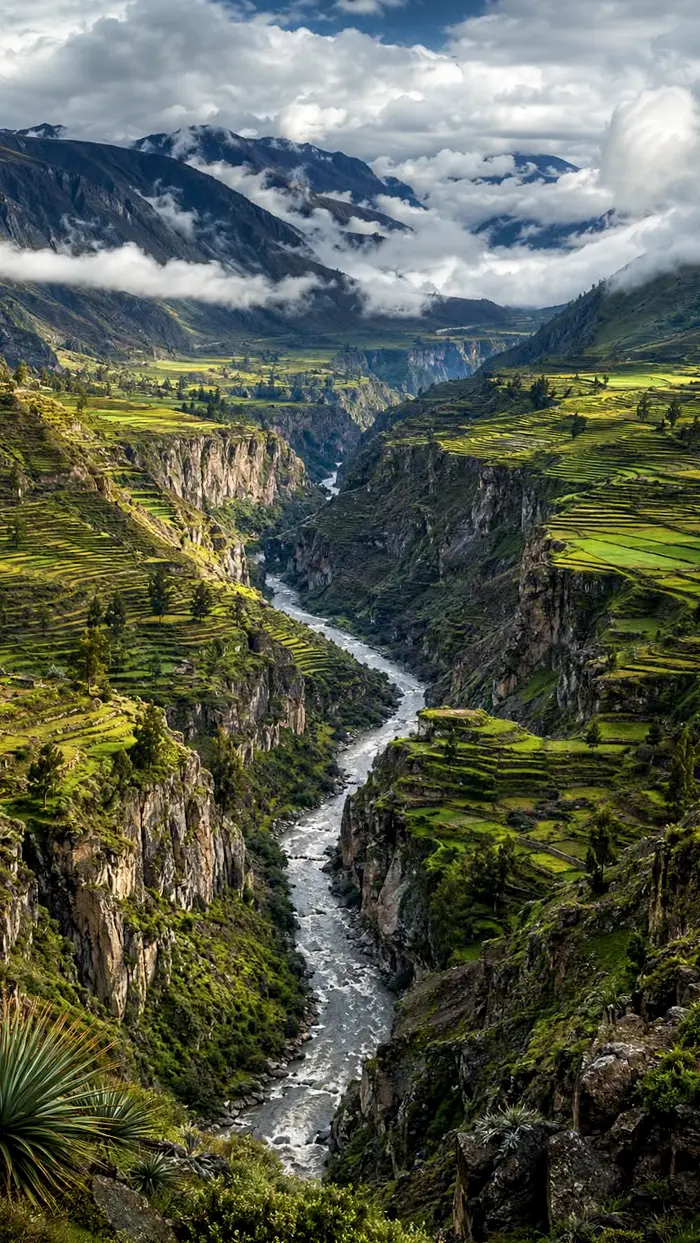 A river winding through a steep terraced canyon landscape in the supplied collection