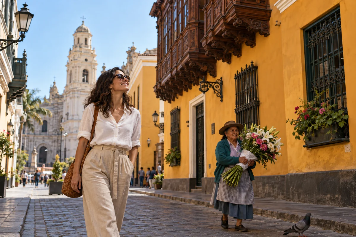 A traveler exploring historic architecture and timber balconies.