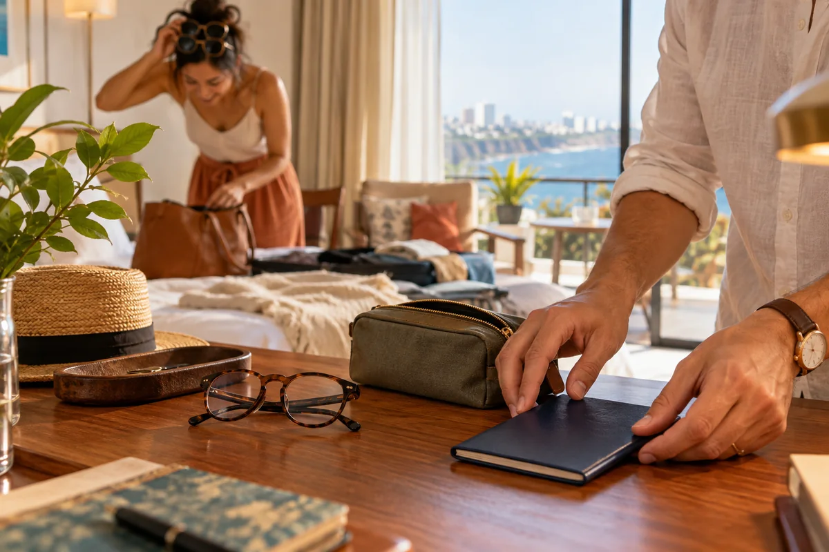 Travel documents neatly arranged on a warm wooden desk while a companion finishes packing nearby.
