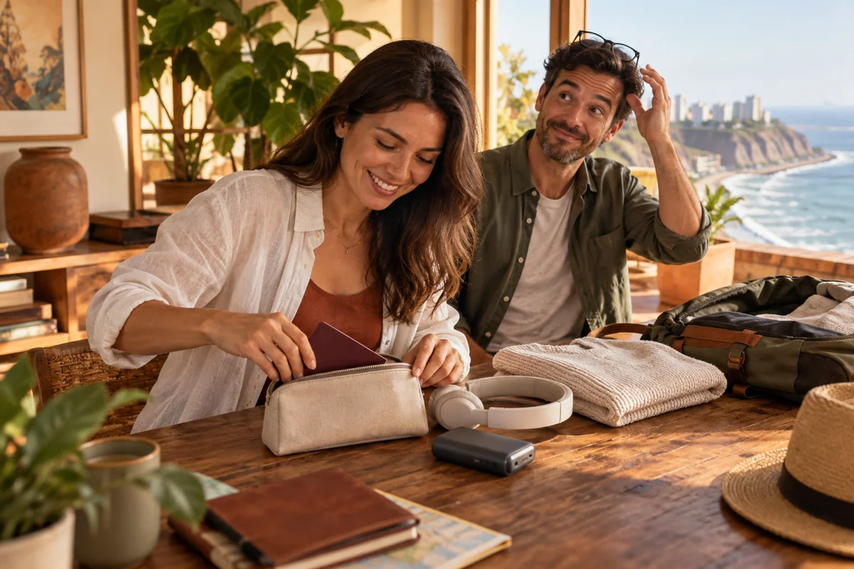 A traveler organising essentials while a companion notices his glasses.