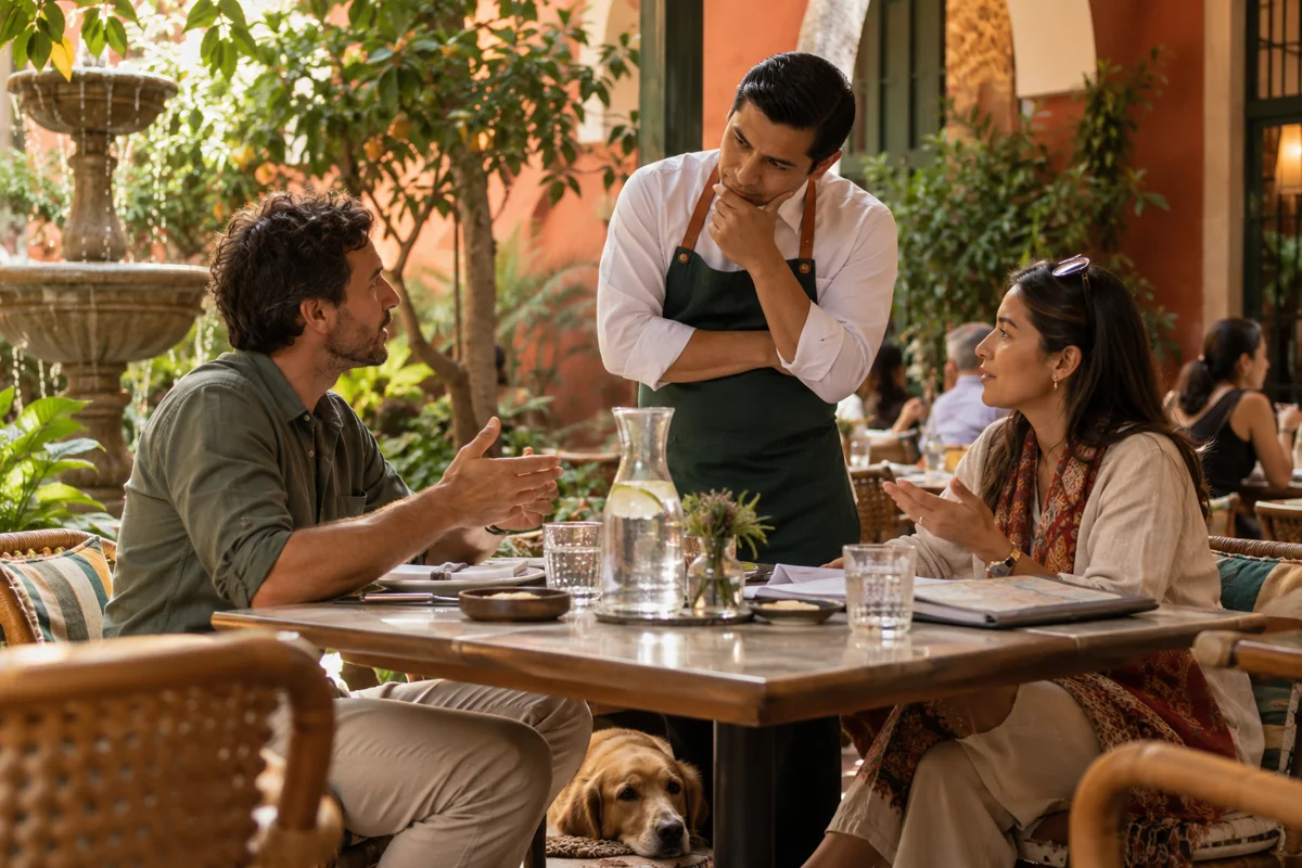 A traveler, provider and coordinator calmly discussing a service issue.
