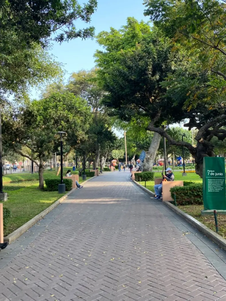 A leafy path and benches in Parque Kennedy
