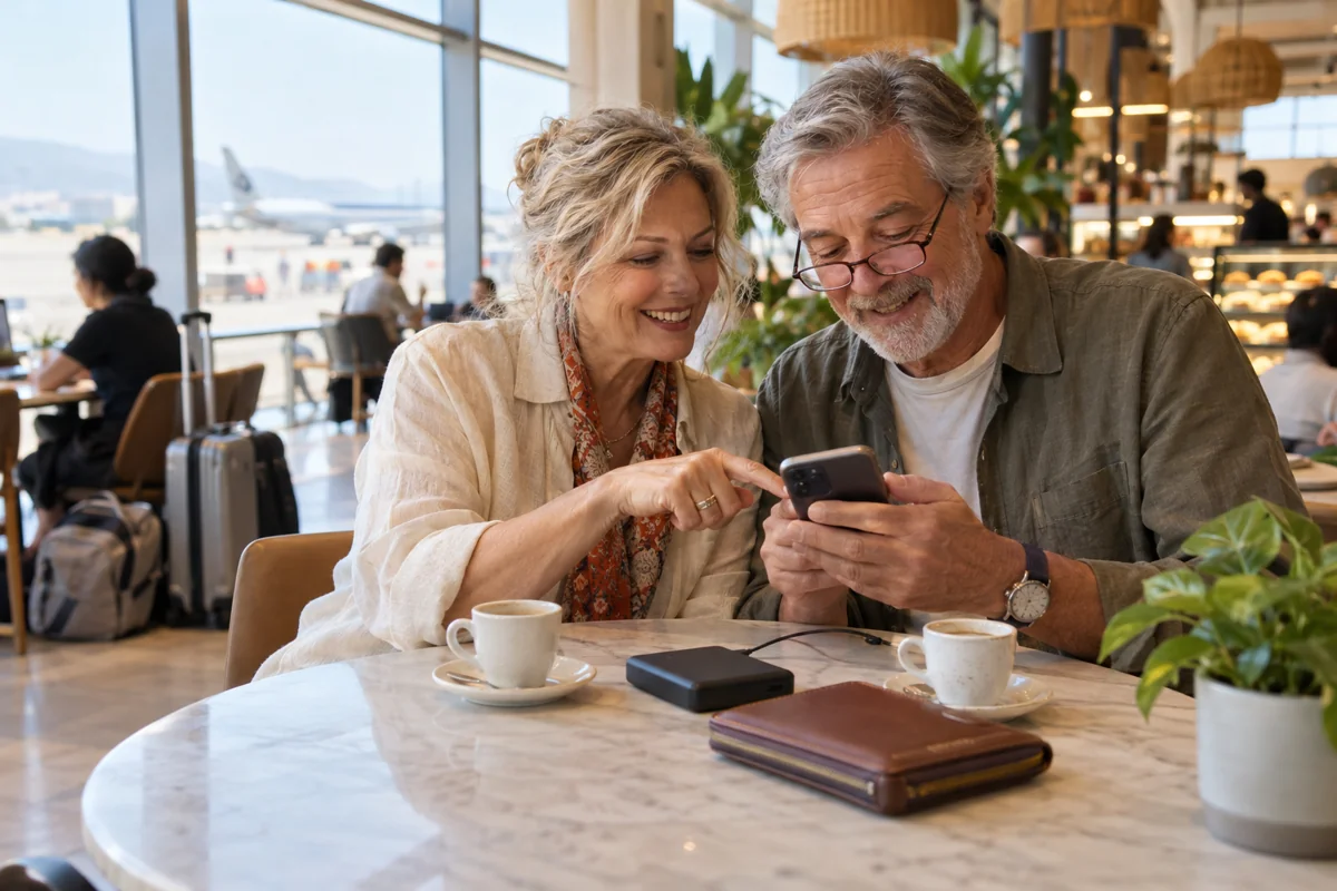 A couple checking a phone connection over coffee.