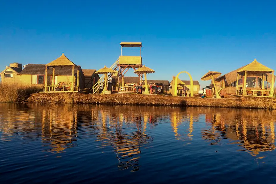 Evening light over reed islands on Lake Titicaca