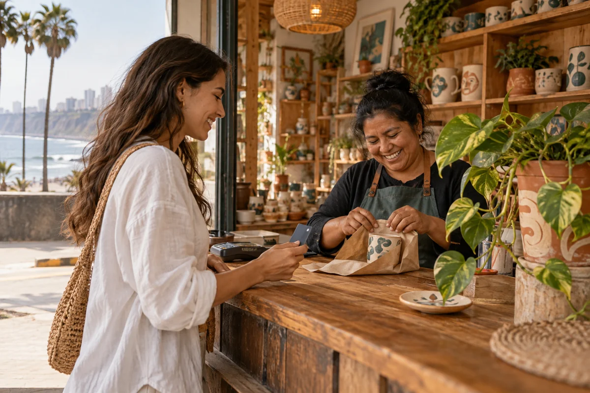A traveler buying a ceramic cup from a smiling artisan.