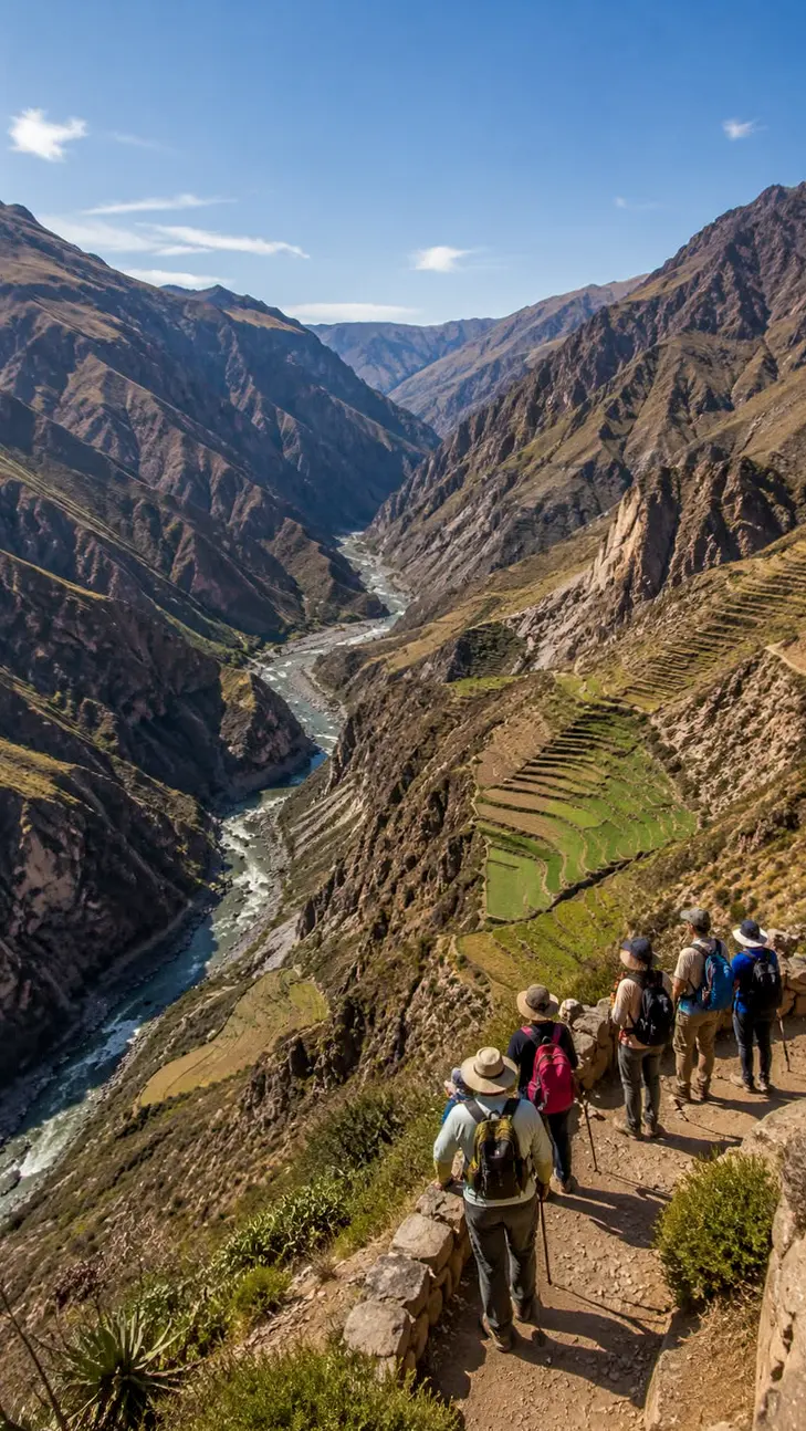 Walkers following a narrow canyon trail