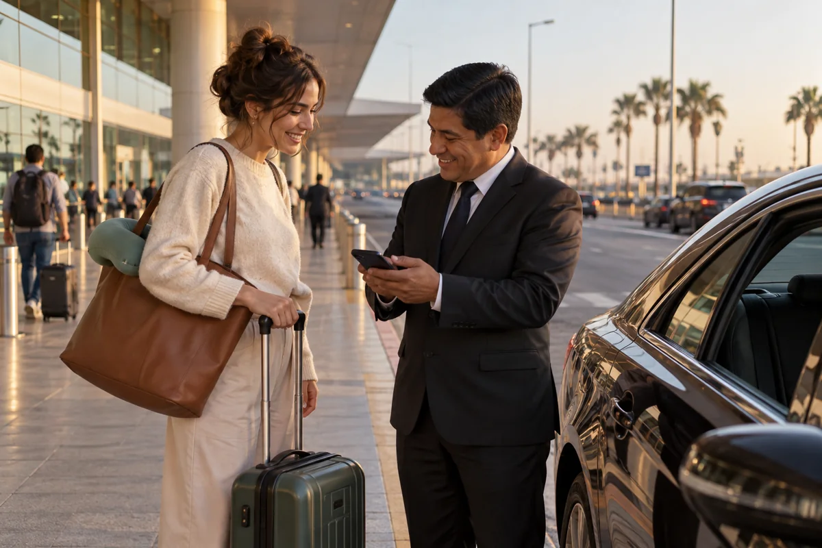 A traveler confirming a pickup with a driver at an airport.
