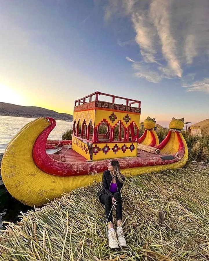 Traditional totora reed boat on Lake Titicaca