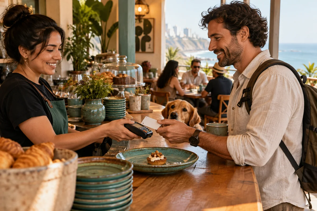 A traveler paying at a cafe beside a small pastry.
