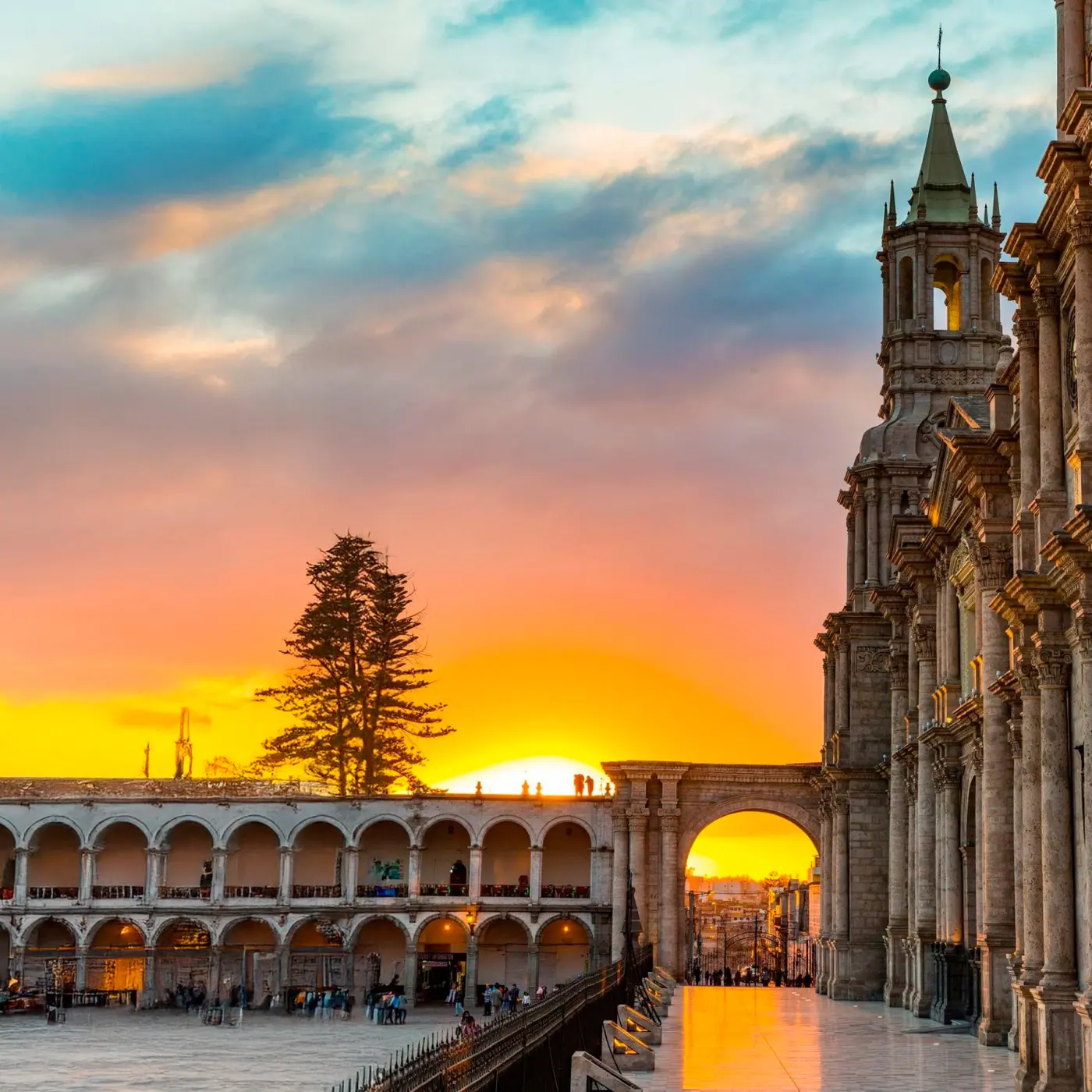 The cathedral and Plaza de Armas of Arequipa in warm evening light