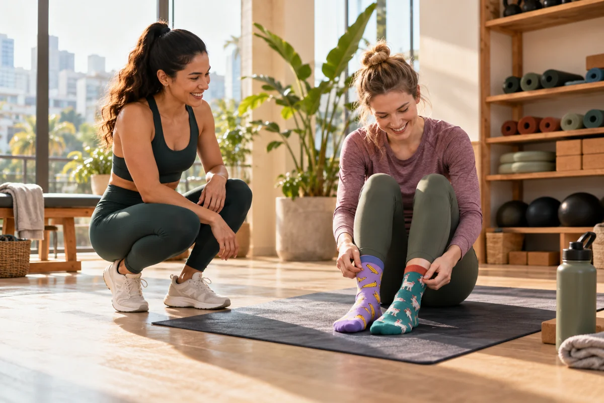 An instructor welcoming a traveler to a day-use fitness session.