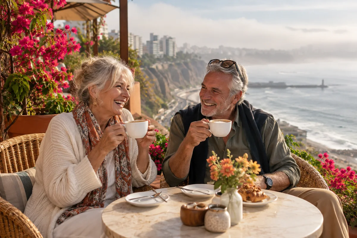 An older couple enjoying coffee on a misty ocean-facing terrace, with sunglasses optimistically perched on a head.