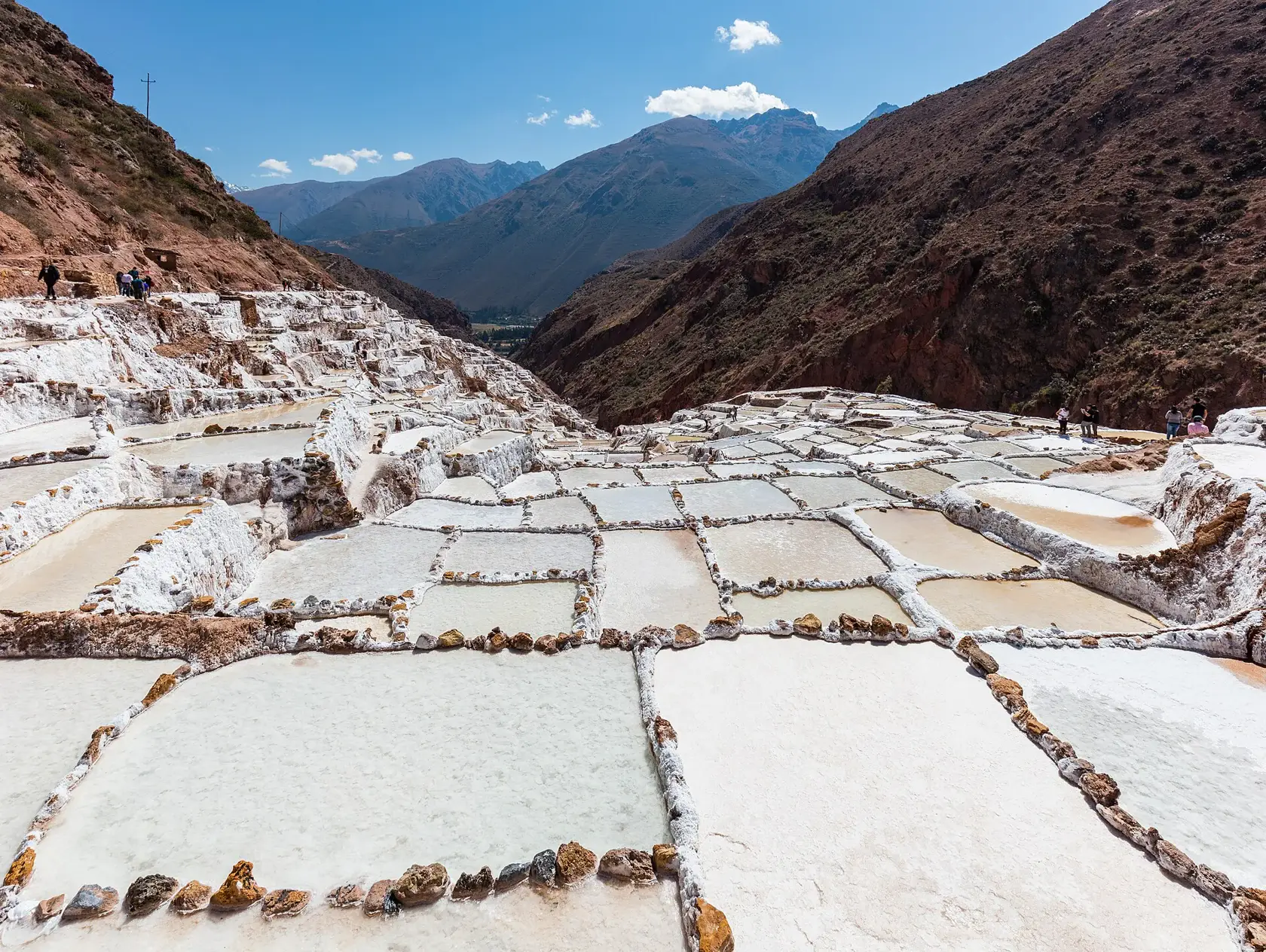 White salt ponds descending the mountainside at Maras.