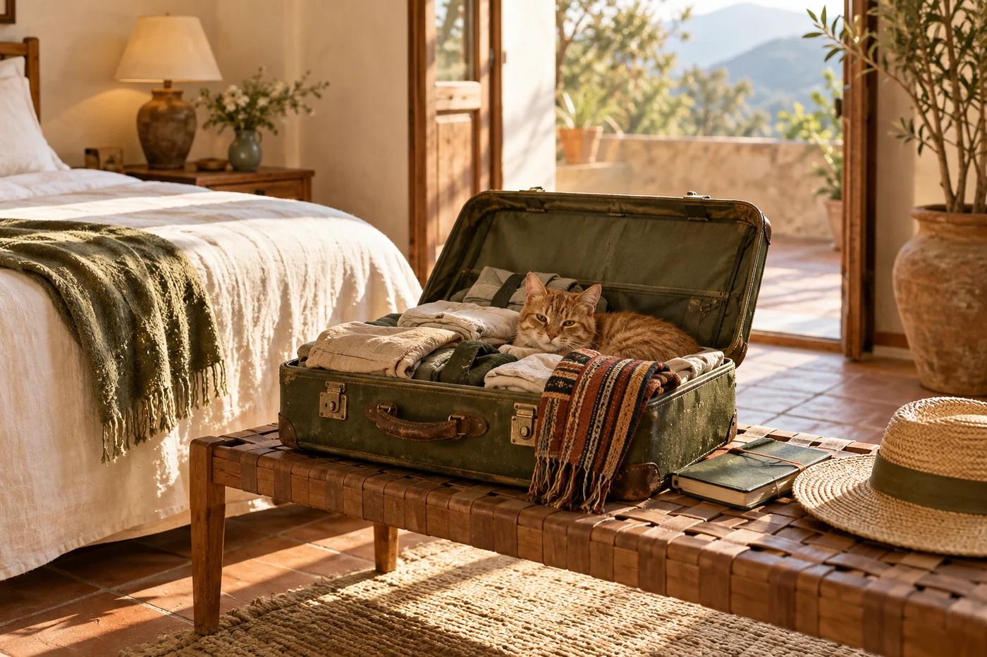 Editorial illustration: a ginger cat has made itself at home in a half-packed suitcase.