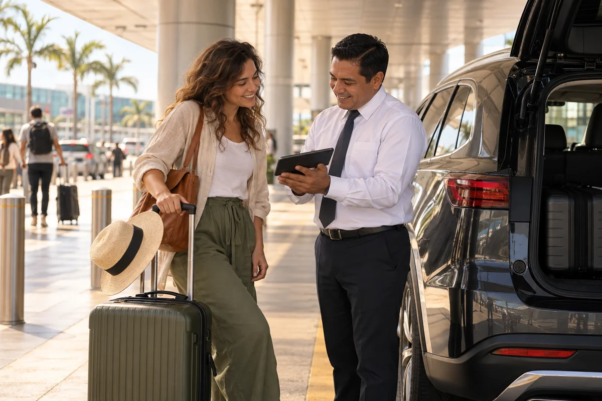 A traveler and driver confirming a booking beside a parked car.