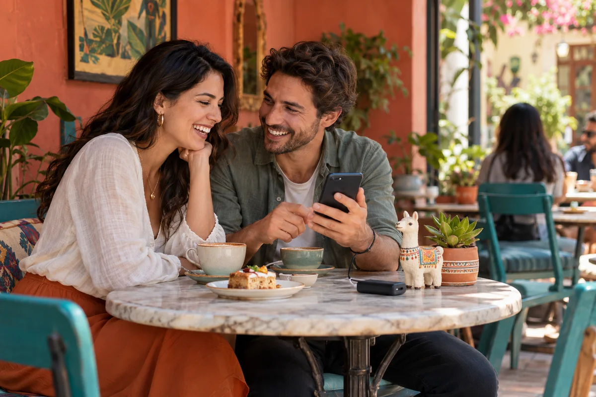 A couple sharing a laugh over a phone inside a stylish café, beside a tiny ceramic llama.
