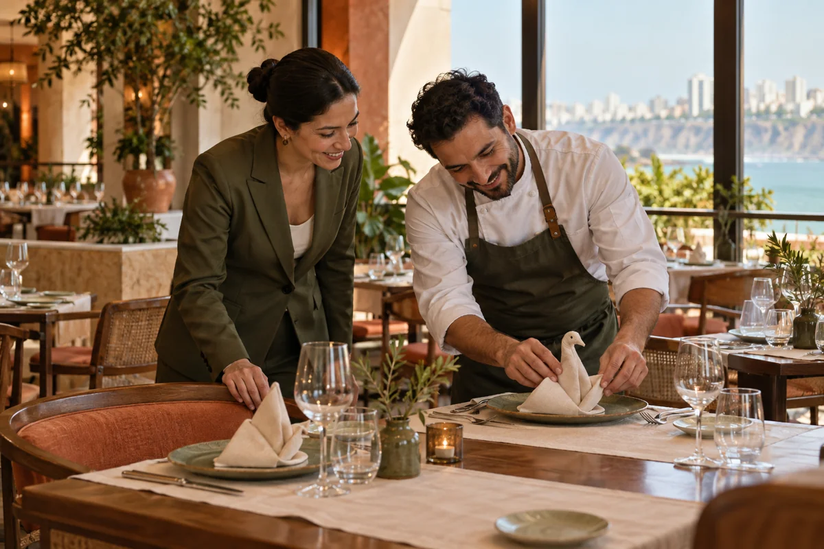 A chef and manager checking a table before service.