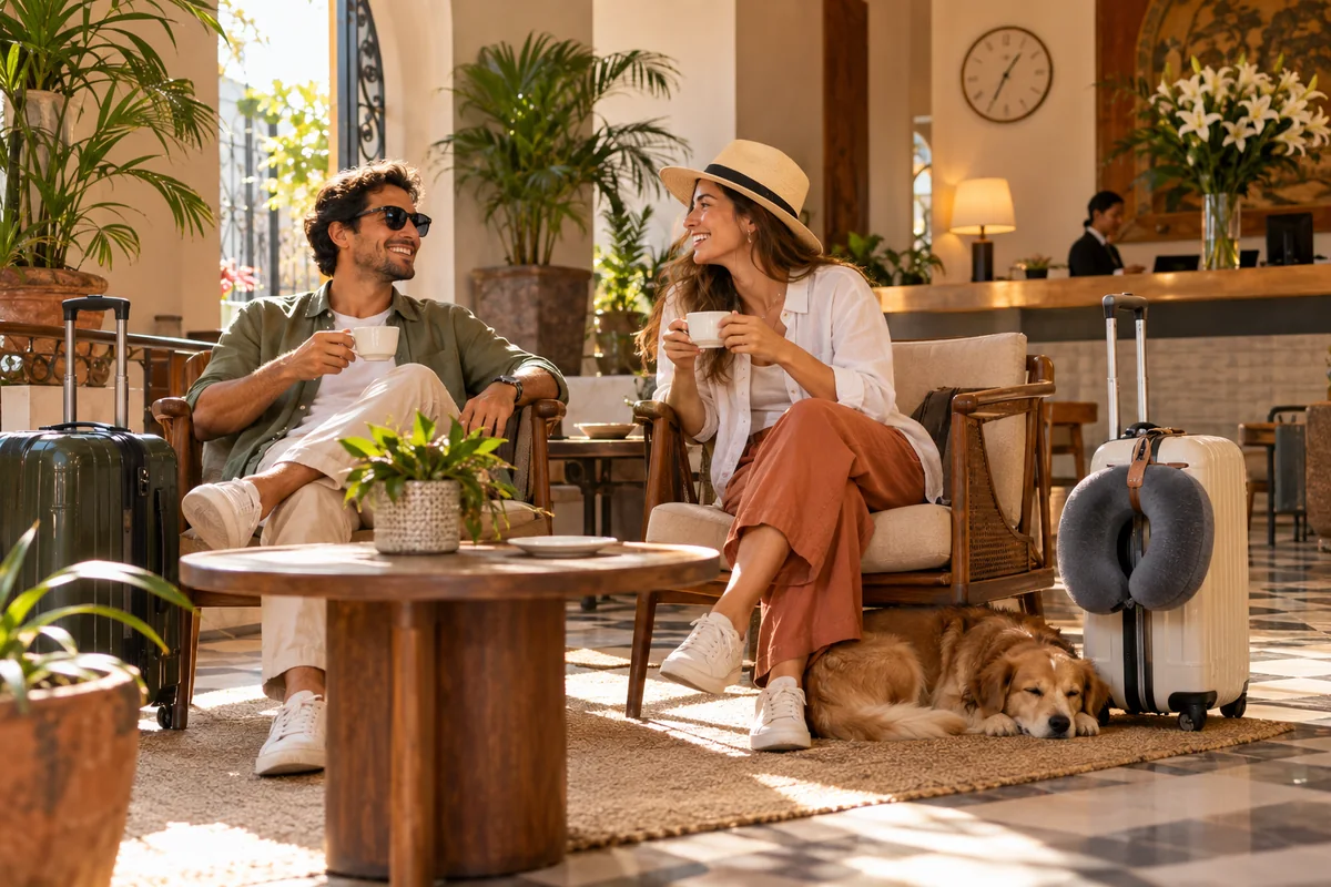 A couple already packed and enjoying an unhurried coffee in a hotel lobby.